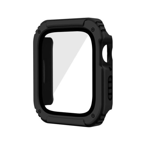 Apple Watch 4-6, SE (44 mm), Műanyag védőkeret, kijelzővédő üveggel, közepesen ütésálló, szíj nélkül, fekete