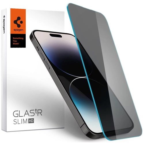 Apple iPhone 14 Pro Max, Kijelzővédő fólia, ütésálló fólia (az íves részre is!), Tempered Glass (edzett üveg), Spigen Glastr Slim HD Privacy, Clear