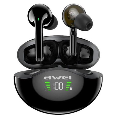 Bluetooth sztereó fülhallgató, v5.1, TWS, töltőtok, érintés vezérlés, vízálló, LED-es kijelző, AWEI T12P, fekete