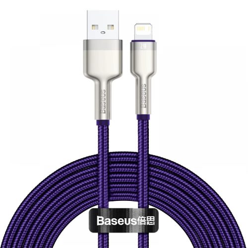 USB töltő- és adatkábel, Lightning, 200 cm, 2400 mA, törésgátlóval, gyorstöltés, cipőfűző minta, Baseus Cafule Metal, CALJK-B05, lila