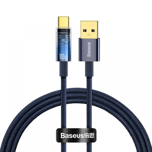 USB töltő- és adatkábel, USB Type-C, 100 cm, 6000 mA, 100W, gyorstöltés, cipőfűző minta, Baseus Explorer, CATS000203, sötétkék