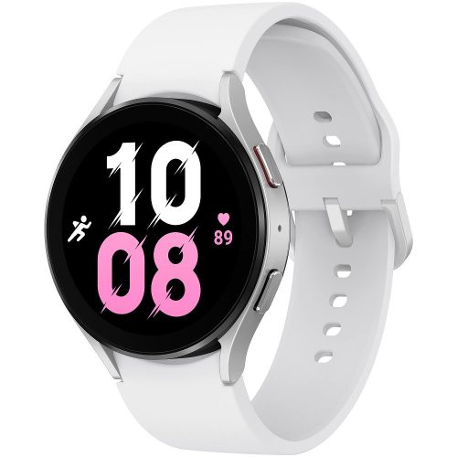 Bluetooth okosóra, szilikon szíj, alumínium keret, v5.2, eSim, aktivitás és egészség mérő, vízálló, hangszóró, Samsung Galaxy Watch 5 (44mm) SM-R915 (LTE), ezüst, gyári