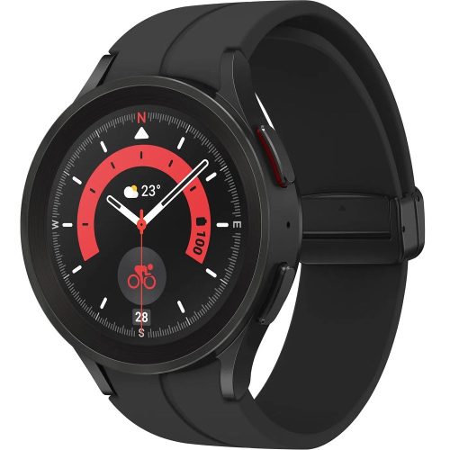 Bluetooth okosóra, szilikon szíj, titánium keret, v5.2, eSim, aktivitás és egészség mérő, vízálló, hangszóró, Samsung Galaxy Watch 5 Pro (45mm) SM-R925 (LTE), fekete, gyári