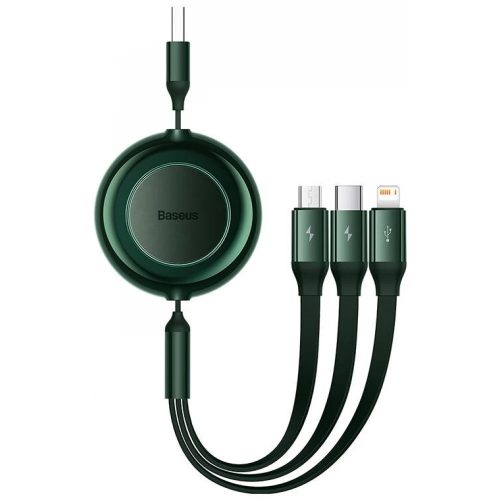 USB töltő- és adatkábel 3in1, USB Type-C, Lightning, microUSB, 110 cm, 3500 mA, gyorstöltés, lapos, feltekerhető, Baseus Bright Mirror 2, CAMJ010006, sötétzöld