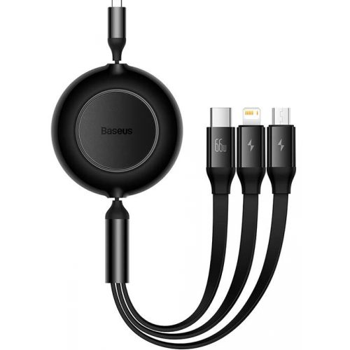 USB töltő- és adatkábel 3in1, USB Type-C, Lightning, microUSB, 110 cm, 2000mA, 66W, gyorstöltés, lapos, feltekerhető, Baseus Bright Mirror 2, CAMJ010101, fekete