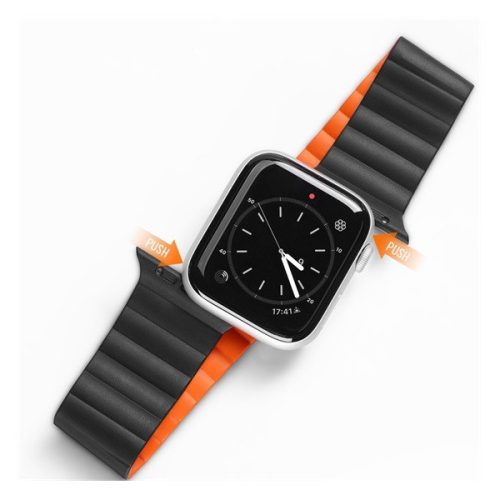 Apple Watch 1-6, SE (42 / 44 mm) / Watch 7 (45 mm), szilikon pótszíj, mágneses zár, Dux Ducis Chain, fekete/narancssárga