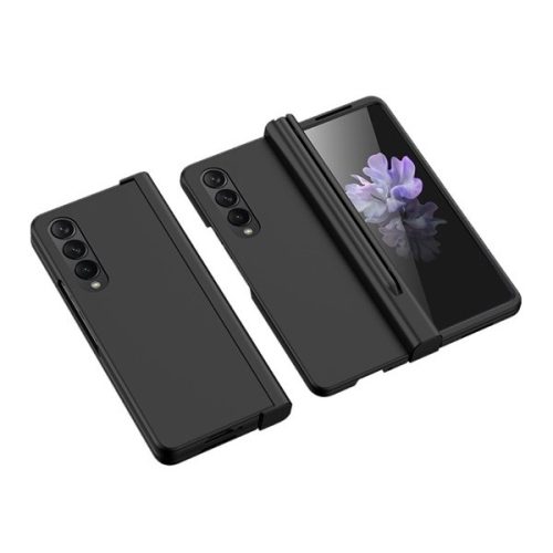 Samsung Galaxy Z Fold4 5G SM-F936B, Műanyag hátlap védőtok, képernyővédő üveg, közepesen ütésálló, Ceruza tartó, fekete