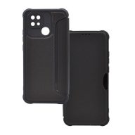   Xiaomi Redmi 10C, Oldalra nyíló tok, légpárnás sarok, bőrhatású, karbon minta, Razor Book, fekete