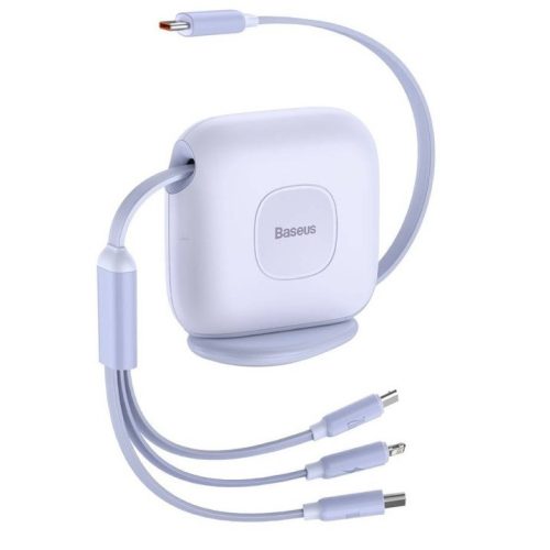 USB Type-C töltő- és adatkábel 3in1, USB Type-C, Lightning, microUSB, 170 cm, 100W, gyorstöltés, lapos, feltekerhető, Baseus Traction, CAQY000005, lila