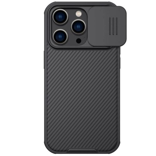 Apple iPhone 14 Pro, Műanyag hátlap + szilikon keret, közepesen ütésálló, kamera védelem, Magsafe töltővel kompatibilis, csíkos minta, Nillkin CamShield Pro Magnetic, fekete