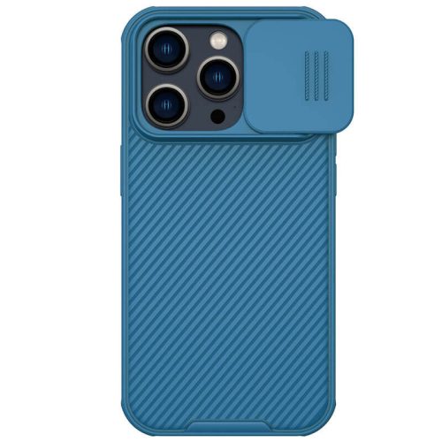 Apple iPhone 14 Pro Max, Műanyag hátlap + szilikon keret, közepesen ütésálló, kamera védelem, Magsafe töltővel kompatibilis, csíkos minta, Nillkin CamShield Pro Magnetic, kék