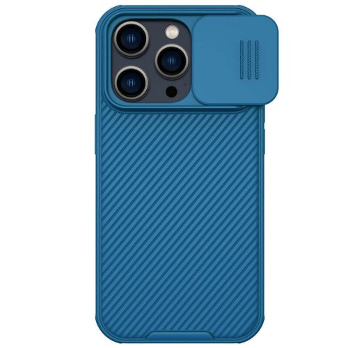 Apple iPhone 14 Pro, Műanyag hátlap + szilikon keret, közepesen ütésálló, kamera védelem, Magsafe töltővel kompatibilis, csíkos minta, Nillkin CamShield Pro Magnetic, kék
