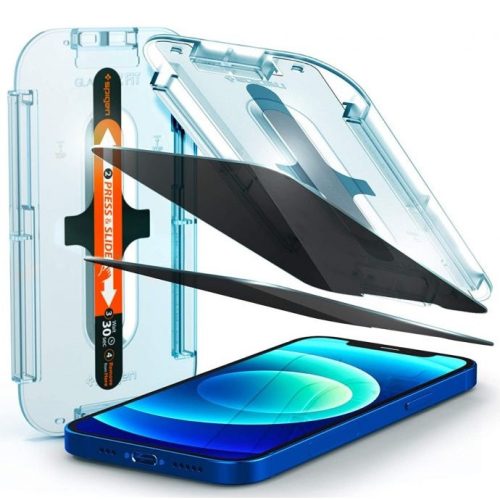Apple iPhone 12 / 12 Pro, Kijelzővédő fólia, ütésálló fólia (az íves részre is!), Tempered Glass (edzett üveg), Spigen Ez Fit Privacy, Clear, 2 db / csomag