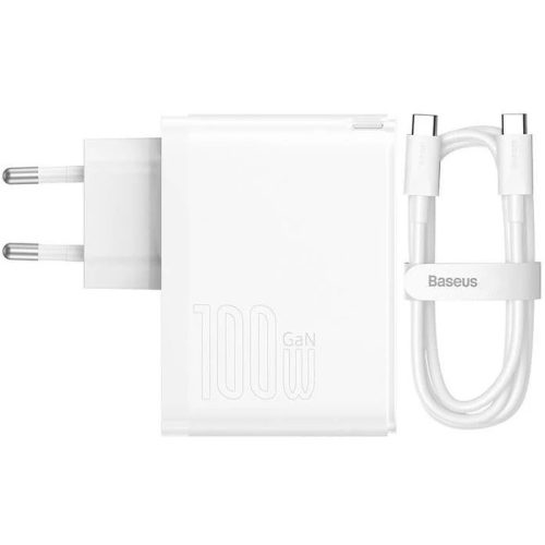 Hálózati töltő adapter, 100W, USB aljzat, USB Type-C aljzat, USB Type-C - USB Type-C kábellel, gyorstöltés, PD 3.0, QC 4.0, GaN5, Baseus GaN5 Pro, fehér