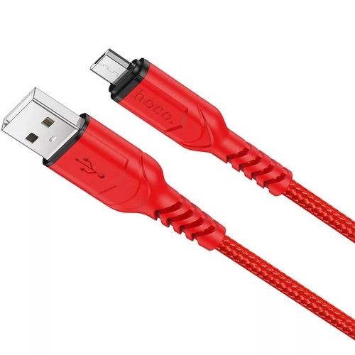 USB töltő- és adatkábel, microUSB, 100 cm, 2400 mA, törésgátlóval, gyorstöltés, QC, cipőfűző minta, Hoco X59 Victory, piros