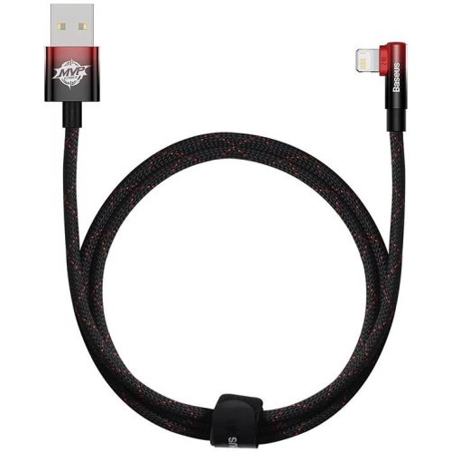 USB töltő- és adatkábel, Lightning, 100 cm, 2400mA, 20W, gyorstöltés, 90 fokos/derékszögű, cipőfűző minta, Baseus MVP 2, CAVP000020, fekete/piros