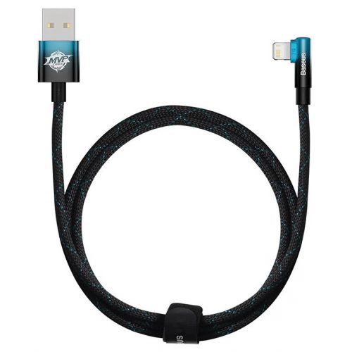 USB töltő- és adatkábel, Lightning, 100 cm, 2400mA, 20W, gyorstöltés, 90 fokos/derékszögű, cipőfűző minta, Baseus MVP 2, CAVP000021, fekete/kék