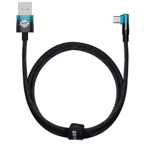 USB töltő- és adatkábel, USB Type-C, 100 cm, 100W, gyorstöltés, PD, 90 fokos/derékszögű, cipőfűző minta, Baseus MVP 2, CAVP000421, fekete/kék