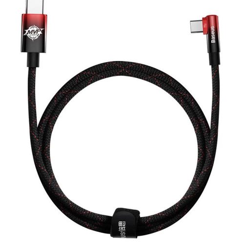 USB Type-C töltő- és adatkábel, USB Type-C, 100 cm, 5000 mA, 100W, gyorstöltés, PD, 90 fokos/derékszögű, cipőfűző minta, Baseus MVP 2, CAVP000620, fekete/piros