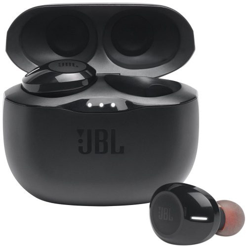 Bluetooth sztereó fülhallgató, v5.0, TWS, töltőtok,  LED-es, JBL Tune 125, fekete