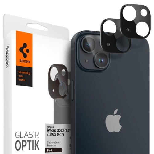 Apple iPhone 14 / 14 Plus, Kamera lencsevédő fólia, ütésálló fólia, Tempered Glass (edzett üveg), Spigen Glastr Optik, fekete, 2 db / csomag
