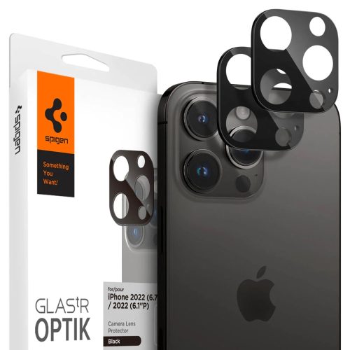 Apple iPhone 14 Pro / 14 Pro Max, Kamera lencsevédő fólia, ütésálló fólia, Tempered Glass (edzett üveg), Spigen Glastr Optik, fekete, 2 db / csomag