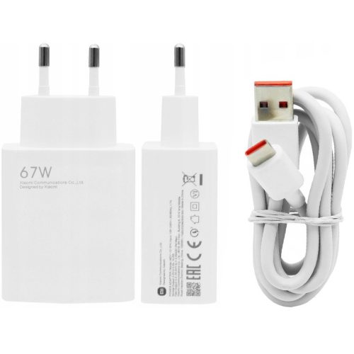 Hálózati töltő adapter, 67W, USB aljzat, USB Type-C kábellel, gyorstöltés, Xiaomi Charging Combo, fehér, gyári