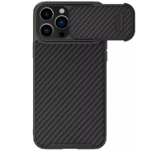Apple iPhone 14 Pro Max, Műanyag hátlap védőtok, kamera védelem, Nillkin Synthetic Fiber "S", fekete