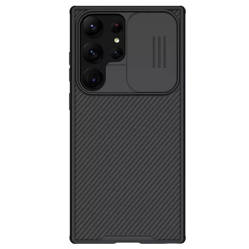 Samsung Galaxy S23 Ultra SM-S918, Műanyag hátlap + szilikon keret, közepesen ütésálló, kamera védelem, csíkos minta, Nillkin CamShield Pro, fekete