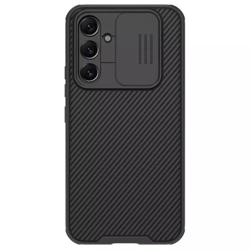 Samsung Galaxy A54 5G SM-A546B, Műanyag hátlap + szilikon keret, közepesen ütésálló, kamera védelem, csíkos minta, Nillkin CamShield Pro, fekete