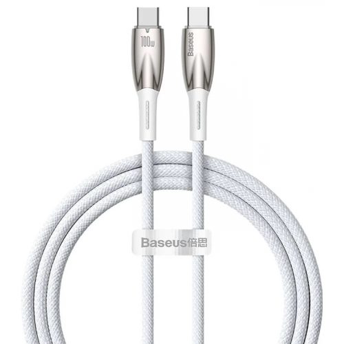 USB Type-C töltő- és adatkábel, USB Type-C, 100 cm, 5000 mA, 100W, törésgátlóval, gyorstöltés, PD, Baseus Glimmer, CADH000702, fehér