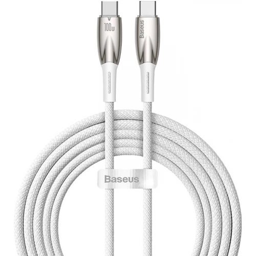 USB Type-C töltő- és adatkábel, USB Type-C, 200 cm, 5000 mA, 100W, törésgátlóval, gyorstöltés, PD, Baseus Glimmer, CADH000802, fehér