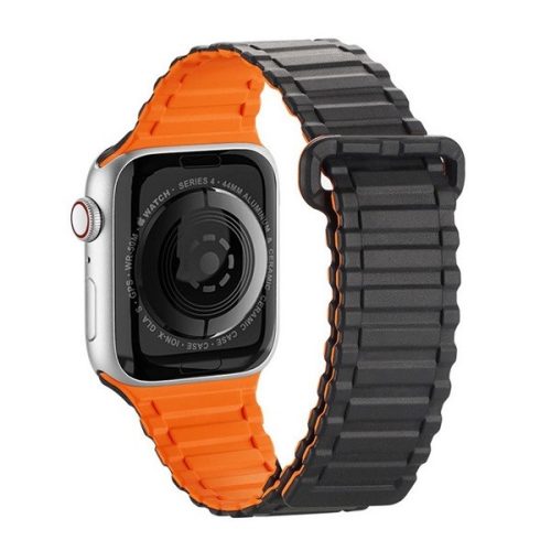 Apple Watch 1-6, SE, SE (2022) (42 / 44 mm) / Watch 7-8 (45 mm) / Watch Ultra (49 mm), szilikon pótszíj, mágneses zár, Dux Ducis Armor, fekete/narancssárga