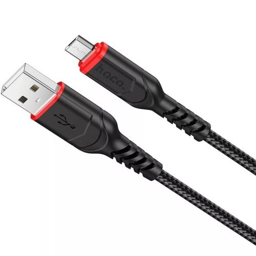 USB töltő- és adatkábel, microUSB, 100 cm, 2400 mA, törésgátlóval, gyorstöltés, QC, cipőfűző minta, Hoco X59 Victory, fekete