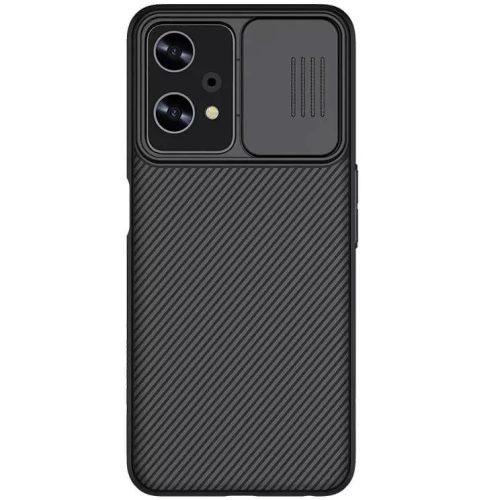 OnePlus Nord CE 2 Lite 5G, Műanyag hátlap védőtok, közepesen ütésálló, kamera védelem, csíkos minta, Nillkin CamShield, fekete