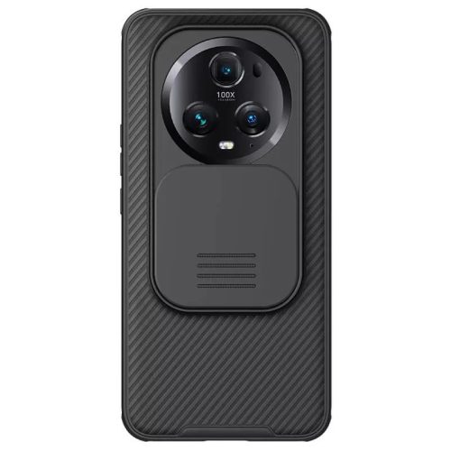 Huawei Honor Magic 5 Pro, Műanyag hátlap + szilikon keret, közepesen ütésálló, kamera védelem, csíkos minta, Nillkin CamShield Pro, fekete