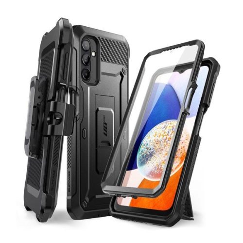 Samsung Galaxy A14 4G / A14 5G SM-A145F / A146B, Műanyag hátlap védőtok + képernyővédő, közepesen ütésálló, telefontartó gyűrű, kitámasztóval, övre fűzhető, SupCase Unicorn Beetle Pro, fekete