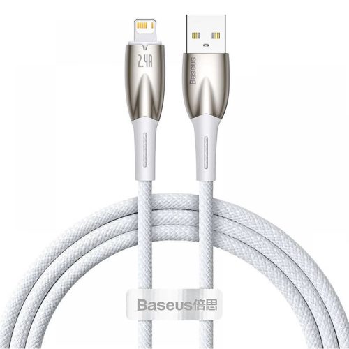 USB töltő- és adatkábel, Lightning, 100 cm, 2400 mA, törésgátlóval, gyorstöltés, Baseus Glimmer, CADH000202, fehér