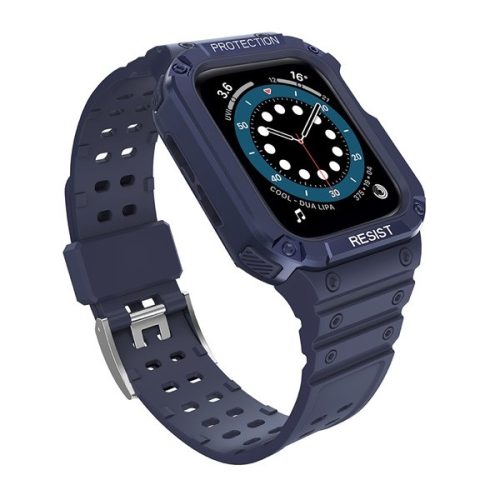 Apple Watch 1-6, SE, SE (2022) (42 / 44 mm) / Watch 7-9 (45 mm), Szilikon védőkeret, közepesen ütésálló, állítható szíjjal, sötétkék