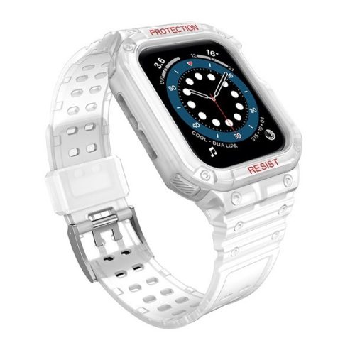Apple Watch 1-6, SE, SE (2022) (42 / 44 mm) / Watch 7-9 (45 mm), Szilikon védőkeret, közepesen ütésálló, állítható szíjjal, átlátszó