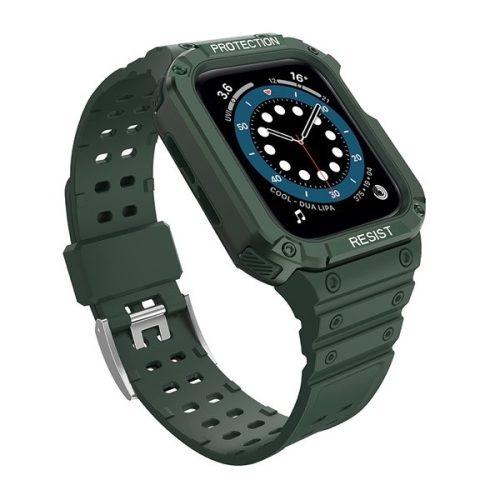 Apple Watch 1-6, SE, SE (2022) (42 / 44 mm) / Watch 7-9 (45 mm), Szilikon védőkeret, közepesen ütésálló, állítható szíjjal, sötétzöld