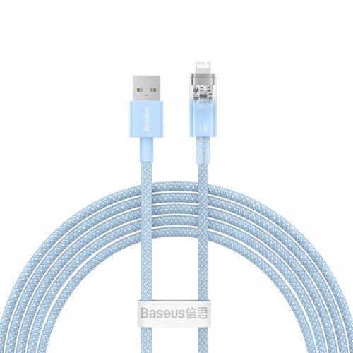 USB töltő- és adatkábel, Lightning, 200 cm, 2400 mA, gyorstöltés, cipőfűző minta, Baseus Explorer, CATS010103, világoskék