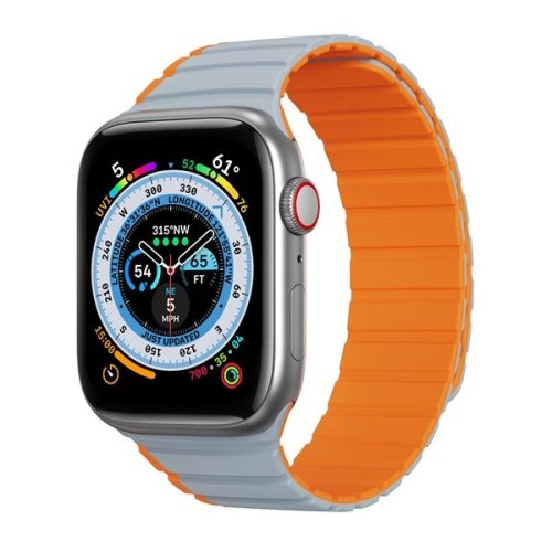 Apple Watch 1-6, SE, SE (2022) (42 / 44 mm) / Watch 7-8 (45 mm) / Watch Ultra (49 mm), szilikon pótszíj, mágneses zár, kétszínű, 3D minta, Dux Ducis LD, szürke/narancssárga