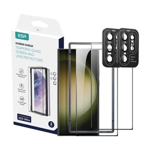 Samsung Galaxy S23 Ultra SM-S918, Kijelzővédő fólia, ütésálló fólia (az íves részre NEM hajlik rá!), Tempered Glass (edzett üveg), kameravédő üveggel, ESR Glass Camera, Clear, 2 db / csomag