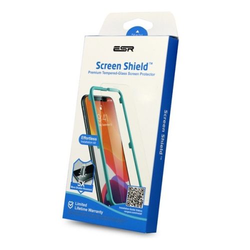 Apple iPhone 14 Pro, Kijelzővédő fólia, ütésálló fólia (az íves részre is!), Tempered Glass (edzett üveg), segéd kerettel, Full Cover, ESR Screen Shield, Clear, 1 db / csomag