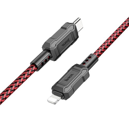 USB Type-C töltő- és adatkábel, Lightning, 100 cm, 2400mA, 20W, törésgátlóval, gyorstöltés, PD, QC, cipőfűző minta, Hoco X94 Leader, piros