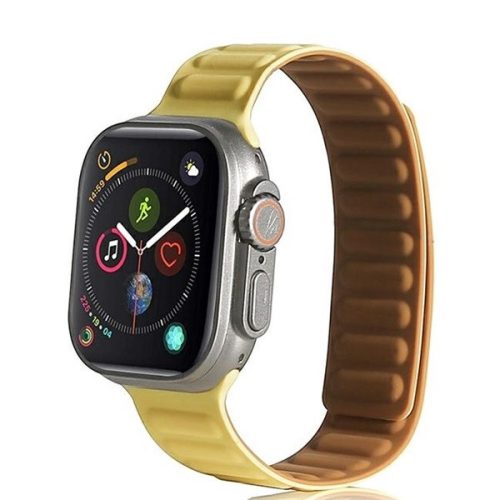 Apple Watch 1-6, SE, SE (2022) (38 / 40 mm) / Watch 7-9 (41 mm), szilikon pótszíj, mágneses zár, bőrhatású, 3D minta, sárga
