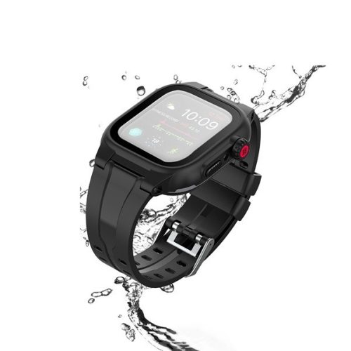 Apple Watch 4-6, SE, SE (2022) (44 mm), Műanyag védőkeret, kijelzővédő üveggel, közepesen ütésálló, szíjjal, IP68, ShellBox, fekete