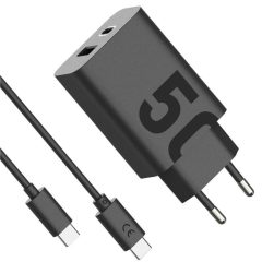   Hálózati töltő adapter, 50W, USB aljzat, USB Type-C aljzat, USB Type-C - USB Type-C kábellel, PD, gyorstöltés, Motorola TurboPower, fekete, gyári