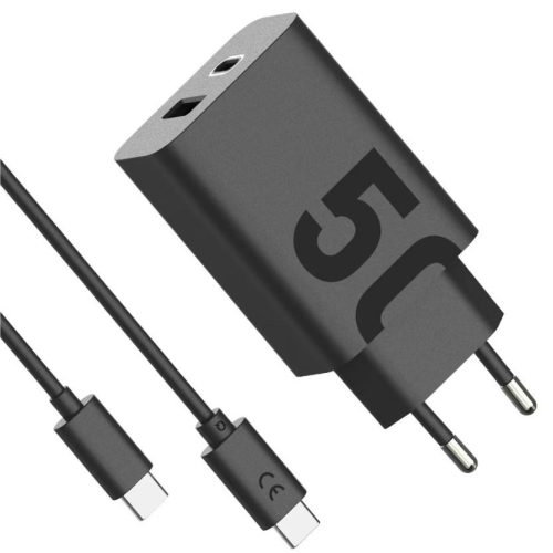 Hálózati töltő adapter, 50W, USB aljzat, USB Type-C aljzat, USB Type-C - USB Type-C kábellel, PD, gyorstöltés, Motorola TurboPower, fekete, gyári